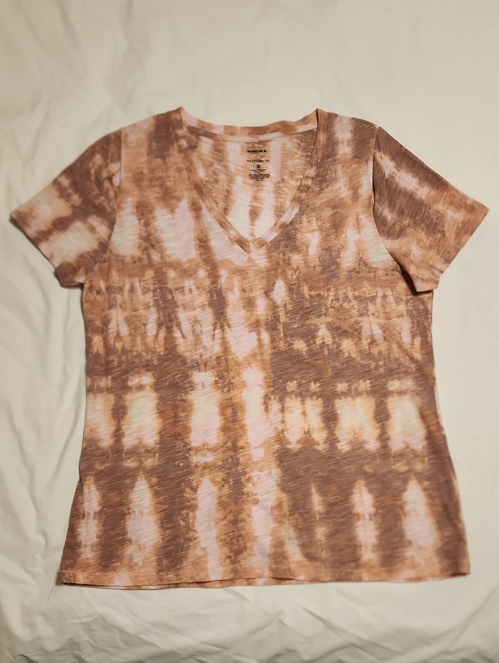 Tie-Dye V-Neck Short Sleeve Top in Brown, Pink & Cream